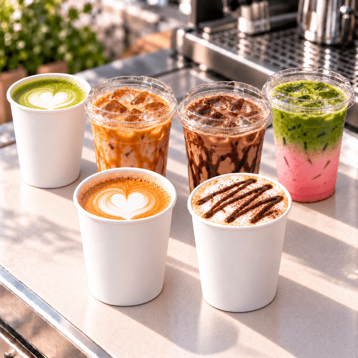 Hot coffee, iced coffee, and matcha drinks prepared for Reyes Coffee & Catering events